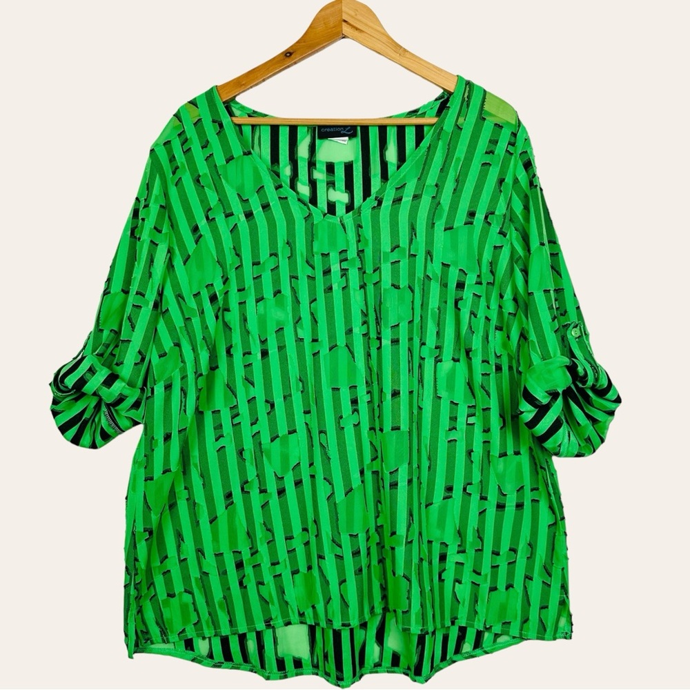 Vintage 90’s Sheer Striped Lightweight Roll Tab Sleeve V Neck Pullover Blouse 16 - Picture 2 of 8
